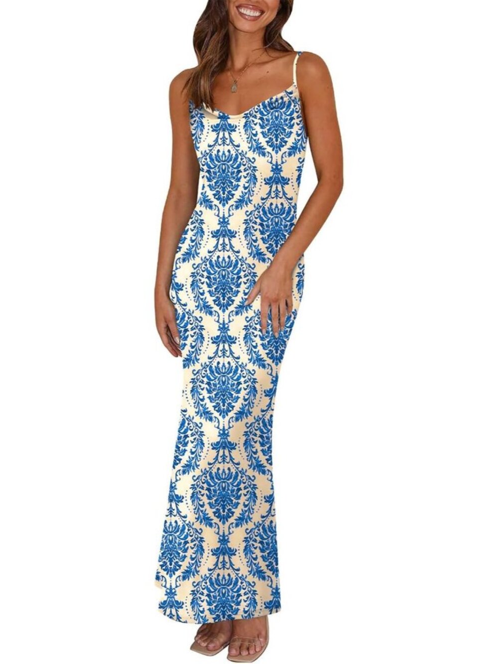 Women's White Blue Big Floral Maxi Bodycon Spaghetti Strap Backless Slip Dress
